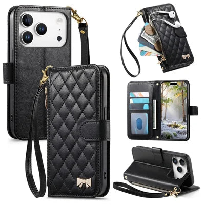 For iPhone 18 Pro Max / 17 Pro Max Stand Case Imprint TPU PU Leather Zipper Pocket Wallet Phone Cover with Strap - Black
