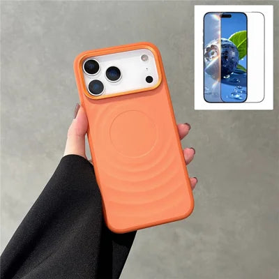 For iPhone 18 Pro Max / 17 Pro Max Magnetic Case Ripple Texture TPU Phone Cover with Tempered Glass Compatible with MagSafe - Orange