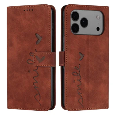 Bulk Purchasing For iPhone 18 Pro Max / 17 Pro Max Wallet Case Imprint Heart Pattern Skin Touch Leather Phone Cover with Wrist Strap - Brown