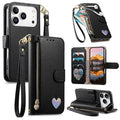 For iPhone 18 Pro Max / 17 Pro Max Case Zipper Pocket TPU PU Leather Wallet Phone Cover with Strap - Black