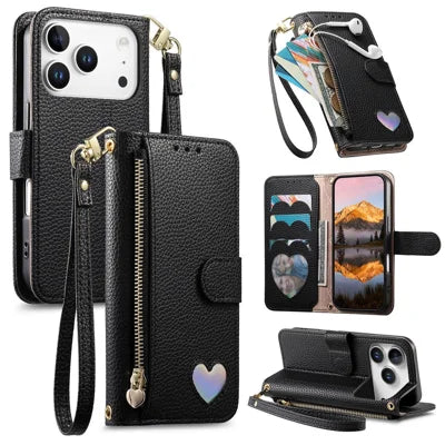For iPhone 18 Pro Max / 17 Pro Max Case Zipper Pocket TPU PU Leather Wallet Phone Cover with Strap - Black
