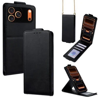 For iPhone 18 Pro Max / 17 Pro Max Case Card Holder Vertical Flip Leather Phone Cover with Crossbody Shoulder Strap - Black