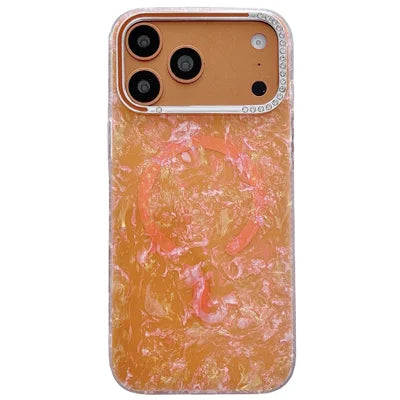 For iPhone 18 Pro Max / 17 Pro Max Case Compatible with MagSafe Rhinestone Lens Frame Shell Texture TPU + PC Phone Cover - Orange