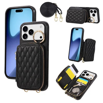 For iPhone 18 Pro Max / 17 Pro Max Case Zipper Card Holder PU Leather Phone Back Cover with Shoulder Strap - Black