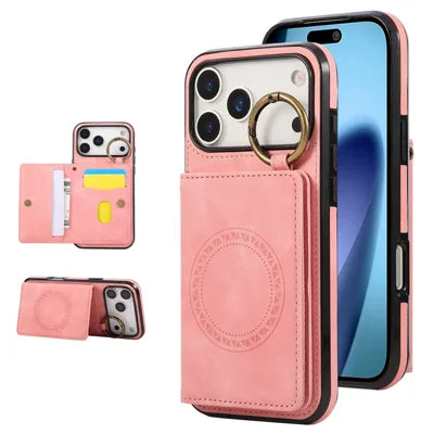 For iPhone 18 Pro Max / 17 Pro Max Case Card Holder Kickstand Leather + TPU Phone Cover with Ring Holder - Rose Gold