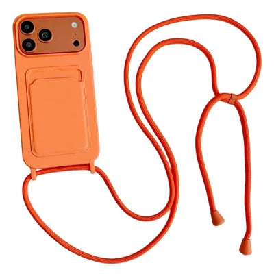 For iPhone 18 Pro Max / 17 Pro Max Liquid Silicone Card Slot Cover Anti Scratch Protection Phone Case with Strap - Orange