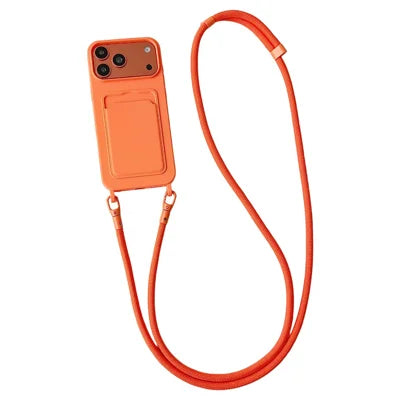 For iPhone 18 Pro Max / 17 Pro Max Case Liquid Silicone Card Holder Protective Phone Cover with Adjustable Crossbody Strap - Orange