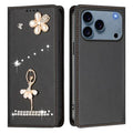 For iPhone 18 Pro Max / 17 Pro Max Leather Case RFID Blocking Wallet Stand Rhinestones Ballet Dancer Flip Phone Cover - Black