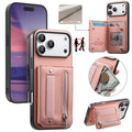 For iPhone 18 Pro Max / 17 Pro Max Case RFID Blocking Card Holder Jeans Cloth Texture Leather Back Cover with Elastic Wristband - Pink