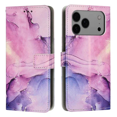 Bulk Purchasing For iPhone 18 Pro Max / 17 Pro Max Case Wallet Stand Marble Pattern PU Leather Flip Phone Cover with Wrist Strap - Purple