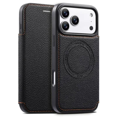 ESEBLE For iPhone 18 Pro Max / 17 Pro Max Magnetic Case Ultra Thin Litching Textured Leather Flip Cover with Card Slot Compatible with Magsafe - Black