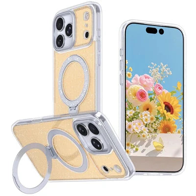 For iPhone 18 Pro Max / 17 Pro Max Magnetic Case Glitter Rotating Kickstand TPU Acrylic Shockproof Phone Cover - Orange