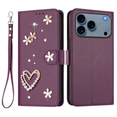 For iPhone 18 Pro Max / 17 Pro Max Case Pearls Heart Diamond Flower Decor Leather Wallet Phone Cover with Wrist Strap - Violet
