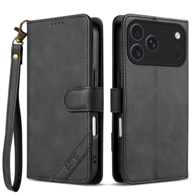 AZNS A2 for iPhone 18 Pro Max / 17 Pro Max Leather Case with Wrist Strap RFID Blocking Wallet Stand Phone Cover - Black
