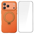 For iPhone 18 Pro Max / 17 Pro Max Matte Magnetic Case with Tempered Glass 360° Ring Kickstand Shockproof Cover - Orange