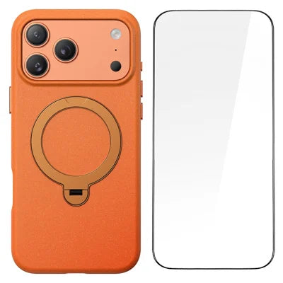 For iPhone 18 Pro Max / 17 Pro Max Matte Magnetic Case with Tempered Glass 360° Ring Kickstand Shockproof Cover - Orange