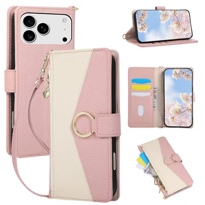 For iPhone 18 Pro Max / 17 Pro Max Wallet Case Triangular Splicing Zipper Leather Flip Cover with Wrist Strap - Pink