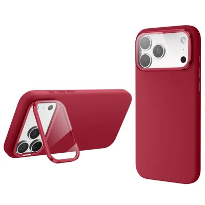 For iPhone 18 Pro Max / 17 Pro Max / 16 Pro Max Magnetic Case PC + Liquid Silicone Phone Cover with Lens Cover Kickstand - Red