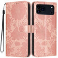 For iPhone 18 Pro Max / 17 Pro Max Wallet Case Imprint Floral PU Leather Stand Flip Phone Cover with Wrist Strap - Rose Gold