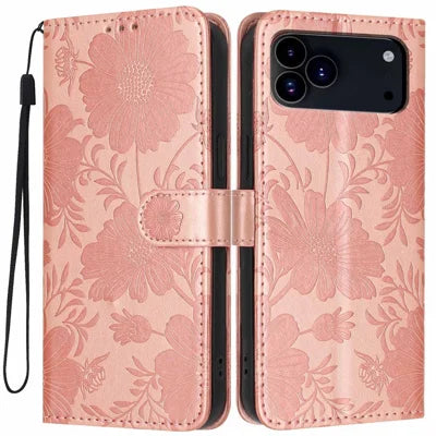 For iPhone 18 Pro Max / 17 Pro Max Wallet Case Imprint Floral PU Leather Stand Flip Phone Cover with Wrist Strap - Rose Gold