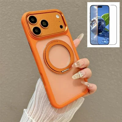 For iPhone 18 Pro Max / 17 Pro Max Magnetic Case with Tempered Glass 360° Ring Kickstand Matte Translucent Cover Compatible with MagSafe - Orange