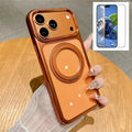 For iPhone 18 Pro Max / 17 Pro Max Magnetic Case with Tempered Glass 360° Ring Kickstand  Electroplated PC TPU Phone Cover Compatible with MagSafe - Orange