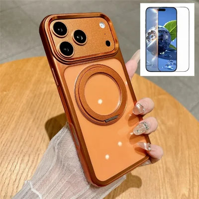 For iPhone 18 Pro Max / 17 Pro Max Magnetic Case with Tempered Glass 360° Ring Kickstand  Electroplated PC TPU Phone Cover Compatible with MagSafe - Orange