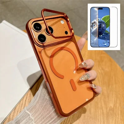 For iPhone 18 Pro Max / 17 Pro Max Magnetic Case with Tempered Glass Screen Protector Lens Kickstand Electroplated Phone Cover Compatible with MagSafe - Orange