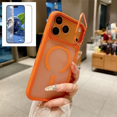 For iPhone 18 Pro Max / 17 Pro Max Magnetic Case with Tempered Glass Screen Protector Lens Kickstand Frosted Shockproof Cover - Orange