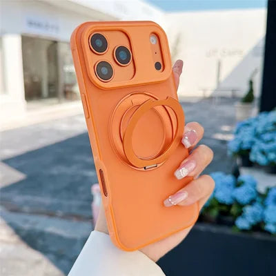 For iPhone 18 Pro Max / 17 Pro Max Magnetic Case Rotating Ring Kickstand PC + TPU Skin-touch Phone Cover - Transparent Orange