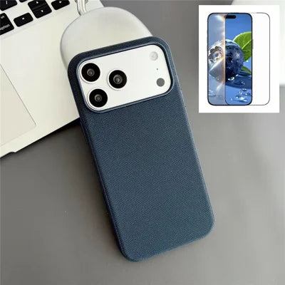 For iPhone 18 Pro Max / 17 Pro Max Magnetic Case with Tempered Glass Screen Protector Fabric Texture PC + TPU Phone Cover Compatible with MagSafe - Blue