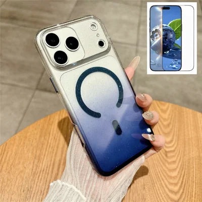 For iPhone 18 Pro Max / 17 Pro Max Gradient Glitter Magnetic Case with Tempered Glass Screen Protector Cover Compatible with Magsafe - Blue