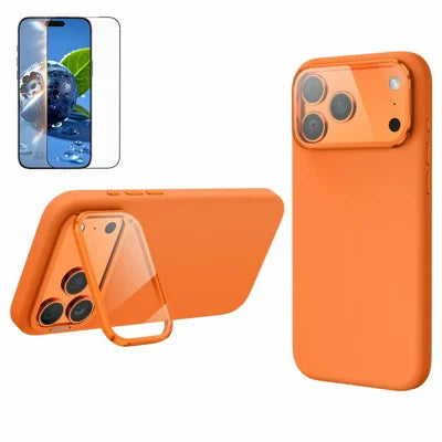 For iPhone 18 Pro Max / 17 Pro Max Liquid Silicone Magnetic Case with Screen Protector Lens Protector Kickstand Mobile Cover Compatible with MagSafe - Orange