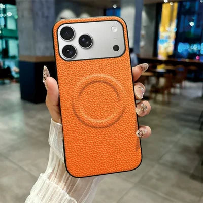 For iPhone 18 Pro Max / 17 Pro Max Magnetic Case Litchi Texture PU Leather Coated PC + TPU Protective Phone Cover Compatible with Magsafe - Orange