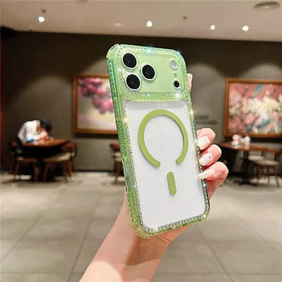 For iPhone 18 Pro Max / 17 Pro Max Magnetic Phone Case Sparkling Rhinestone Decor TPU + Acrylic Transparent Cover Compatible with MagSafe - Green