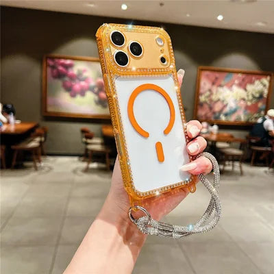 For iPhone 18 Pro Max / 17 Pro Max Magnetic Phone Case Sparkling Rhinestone Decor TPU + Acrylic Transparent Cover with Short Lanyard Compatible with MagSafe - Orange