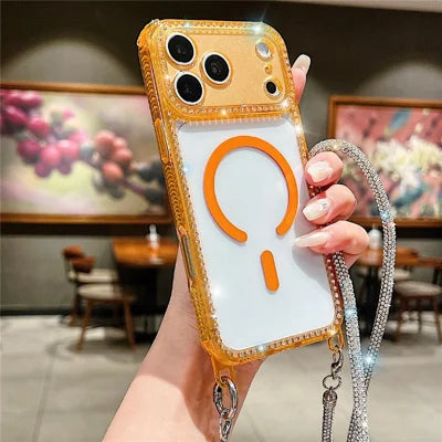 For iPhone 18 Pro Max / 17 Pro Max Magnetic Phone Case Sparkling Rhinestone Decor TPU + Acrylic Transparent Cover with Long Lanyard Compatible with MagSafe - Orange