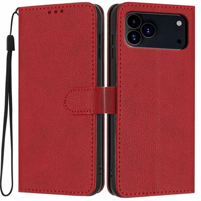 For iPhone 18 Pro Max / 17 Pro Max Wallet Case Litchi Texture Leather Flip Cover with Card Slots and Hand Strap - Red