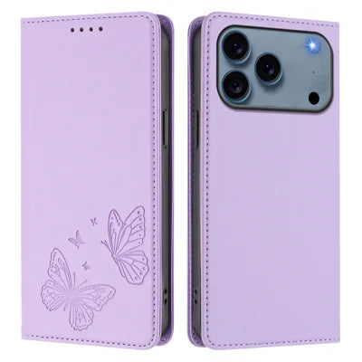 For iPhone 18 Pro Max / 17 Pro Max Wallet Case RFID Blocking Butterfly Imprinted Magnetic Flip Leather Cover - Light Purple