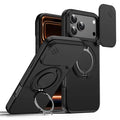 For iPhone 18 Pro Max / 17 Pro Max Magnetic Case Ring Kickstand Slide Camera Cover TPU PC Hybrid Phone Shell - Black