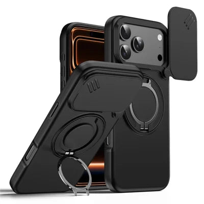 For iPhone 18 Pro Max / 17 Pro Max Magnetic Case Ring Kickstand Slide Camera Cover TPU PC Hybrid Phone Shell - Black