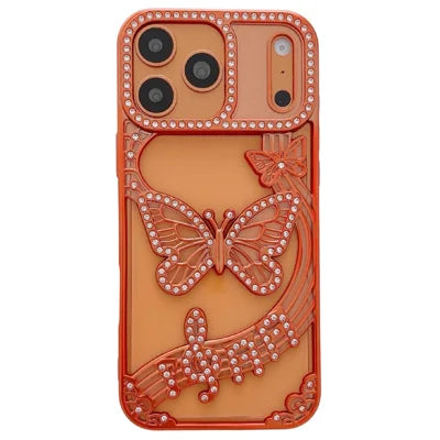 For iPhone 18 Pro Max / 17 Pro Max Case Butterfly Rhinestone 3D Relief Hollow Design TPU Shockproof Cover - Orange