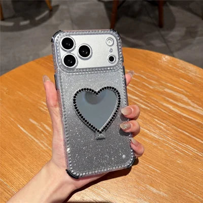 For iPhone 18 Pro Max / 17 Pro Max Case with Heart Shape Kickstand 2 in 1 Rhinestone Glitter PC TPU Shockproof Cover - Black