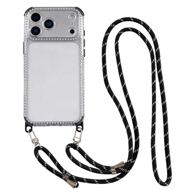 For iPhone 18 Pro Max / 17 Pro Max Clear Phone Case with 70-140cm Long Strap Rhinestone Decor PC TPU Shockproof Cover - Black