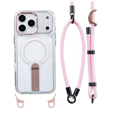 For iPhone 18 Pro Max / 17 Pro Max Magnetic Case Kickstand PC TPU Phone Cover with 30cm Short Strap / 120cm Long Strap - Pink
