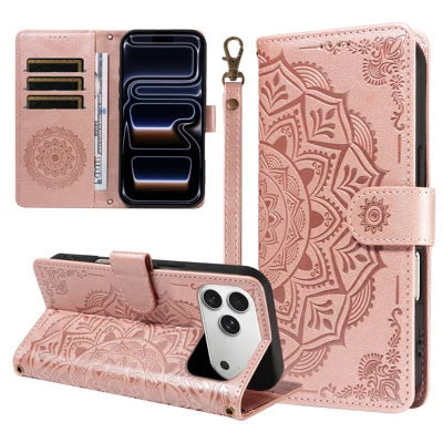 For iPhone 18 Pro Max / 17 Pro Max Wallet Case Embossed Mandala Pattern PU Leather + TPU Cover with Wrist Strap - Rose Gold