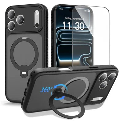 For iPhone 18 Pro Max / 17 Pro Max Magnetic Case Matte TPU Shockproof Phone Cover with Kickstand and Tempered Glass - Black