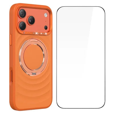 For iPhone 18 Pro Max / 17 Pro Max Magnetic Case with 360° Rotating Ring Stand Wave Ripple Cover + Tempered Glass Screen Protector - Orange