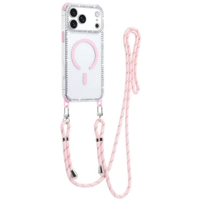 For iPhone 18 Pro Max / 17 Pro Max Magnetic Case Diamond Edge Design Clear Cover with 70-140cm Adjustable Lanyard Compatible with Magsafe - Pink