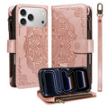 For iPhone 18 Pro Max / 17 Pro Max Wallet Case 9 Card Slots RFID Blocking Mandala Embossed Leather Flip Cover with Wrist Strap - Rose Gold
